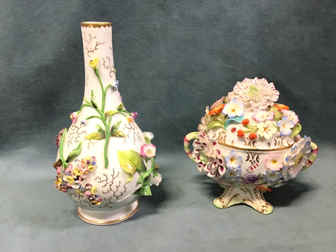 An early C19th Coalport porcelain Coalbrookdale floral encrusted bottle vase - 6in; and a C20th