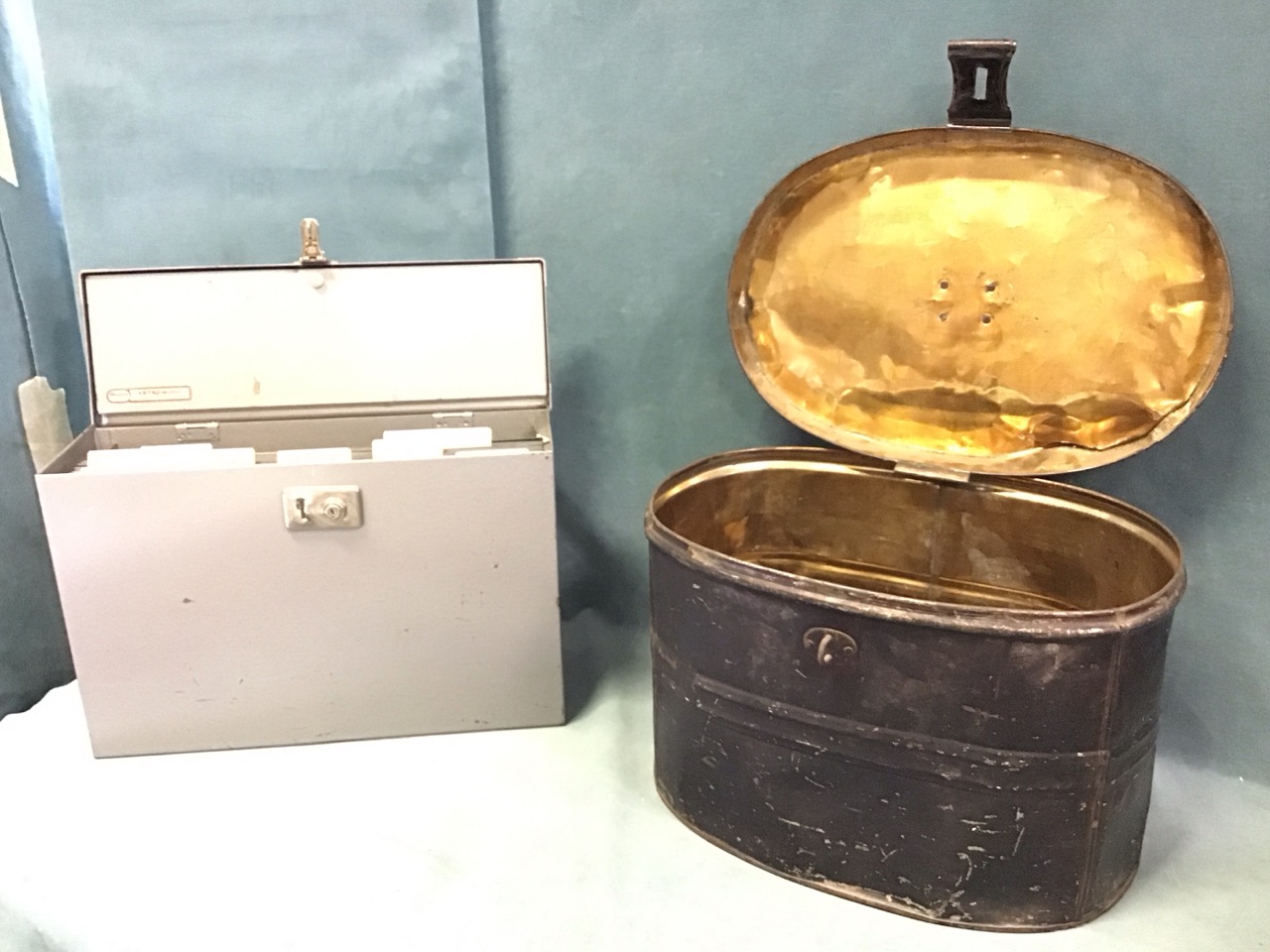 A Victorian oval tin hat box; a circular upholstered stool raised on turned legs; and a Vetro - Image 2 of 3