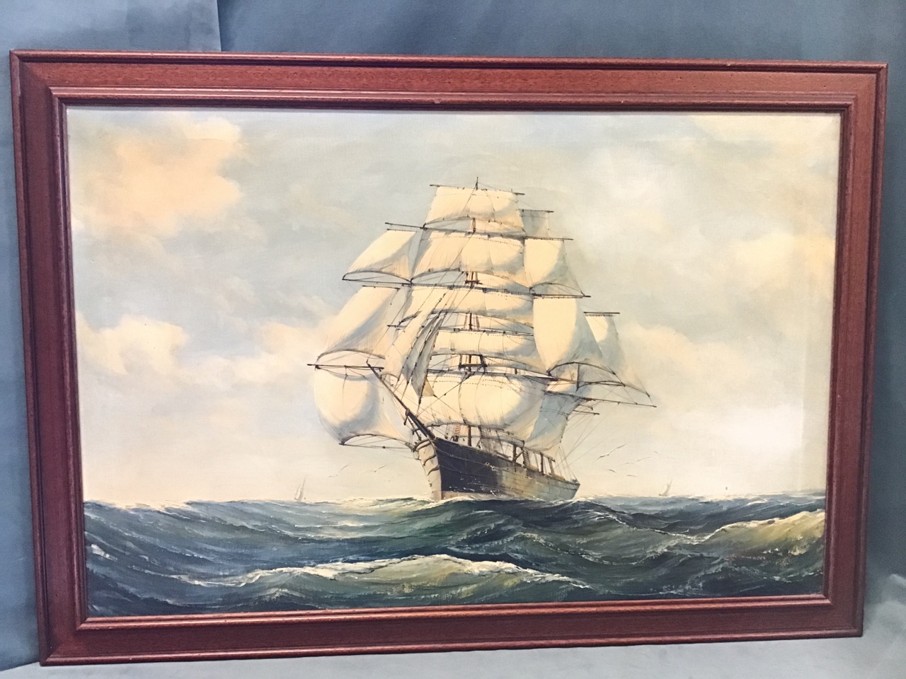 Fulton, oil on canvas, a clipper ship at sea, running before the wind with sun on her sails,