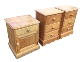 A pair of bedside chests with three moulded knobbed drawers, on shaped plinths - 18in x 16in x 26.