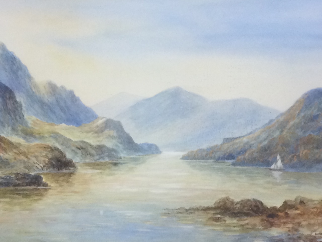 J Douglas, watercolour, coastal view with sailing boat, signed, attributed as Kyles of Bute, mounted - Image 3 of 3