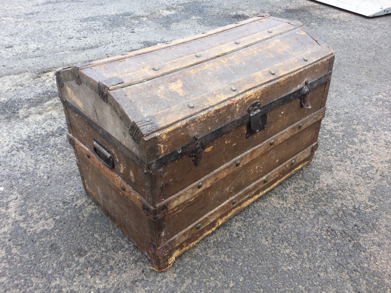 A domed top seamans chest with studded battens and iron mounts, having carriage handles to ends. ( - Image 3 of 3