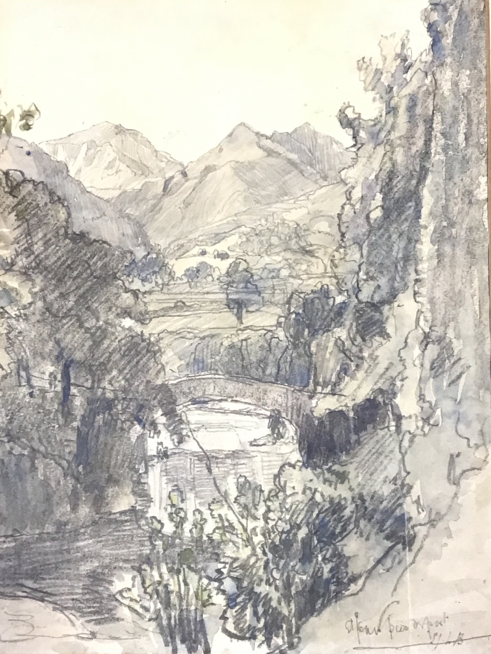 Samuel Lamorna Birch, pencil and watercolour wash, study for a ravine landscape with bridge, - Image 3 of 3