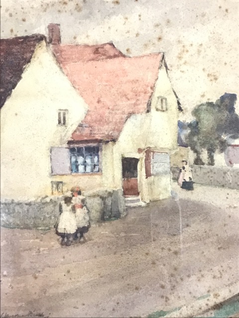 Samuel Lamorna Birch, watercolour, white cottage with figures on street, signed & oak framed, - Image 2 of 3
