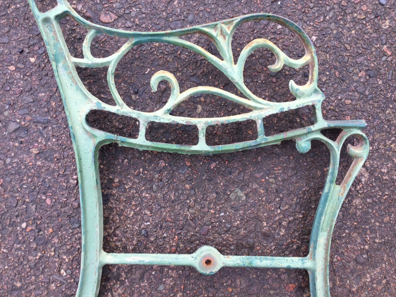 A pair of cast iron bench ends, the backs and seats pierced to take battens, with scrolled arms - Image 2 of 3