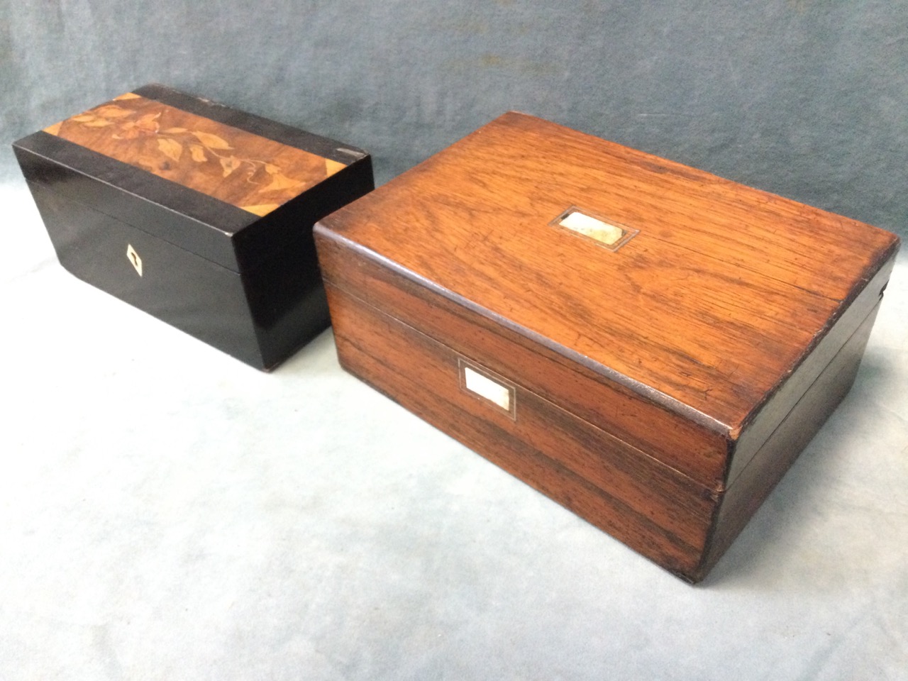 A Victorian ebony tea caddy with floral marquetry top; a rectangular C19th rosewood box with - Image 2 of 3