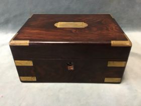 A Victorian brass bound rosewood correspondence box with campaign style recessed brass handle to