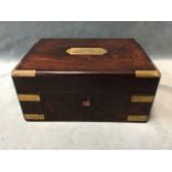 A Victorian brass bound rosewood correspondence box with campaign style recessed brass handle to