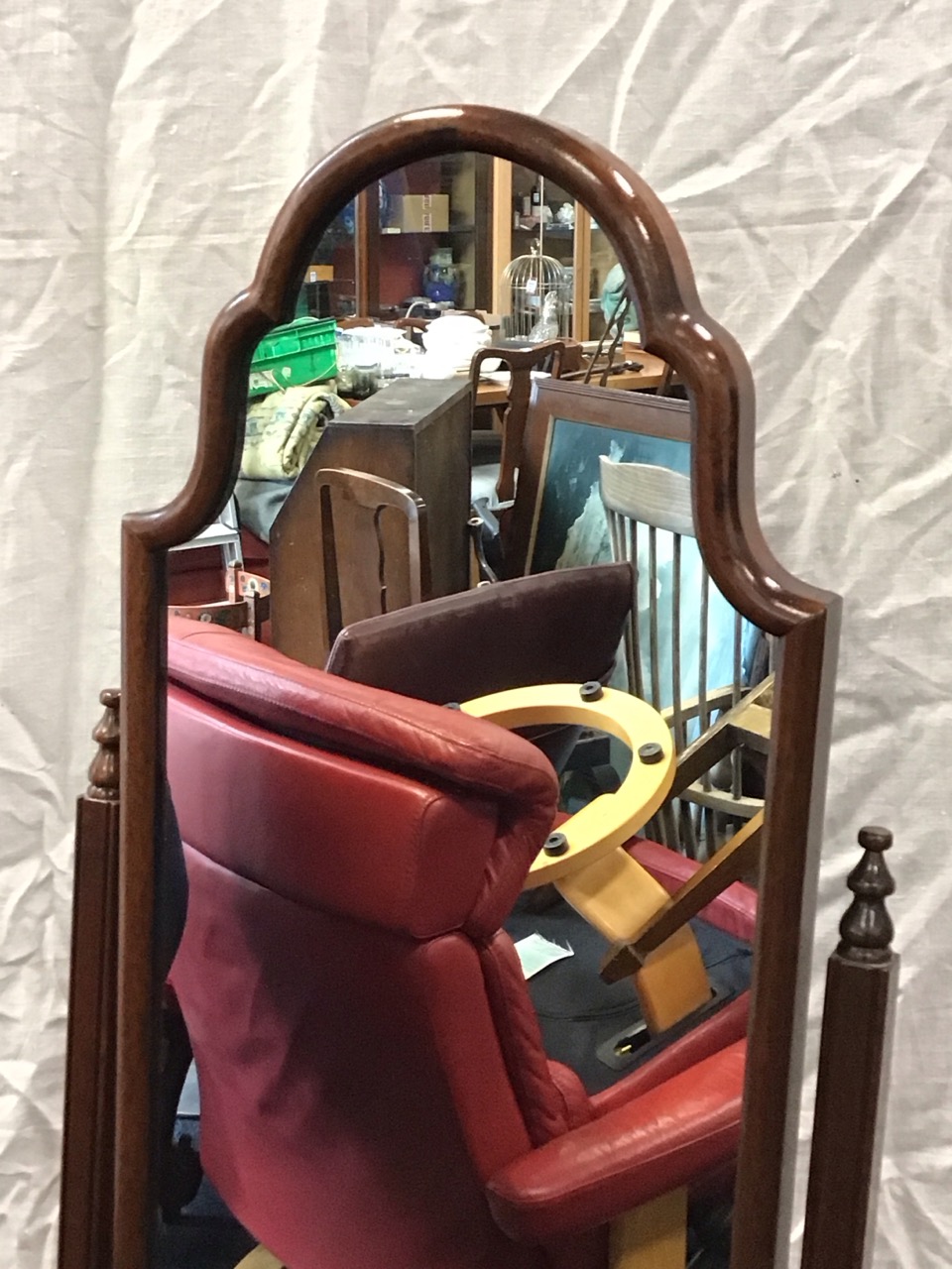 An Edwardian mahogany Queen Anne style cheval mirror with ogee arched mirror swivelling on square - Image 2 of 3