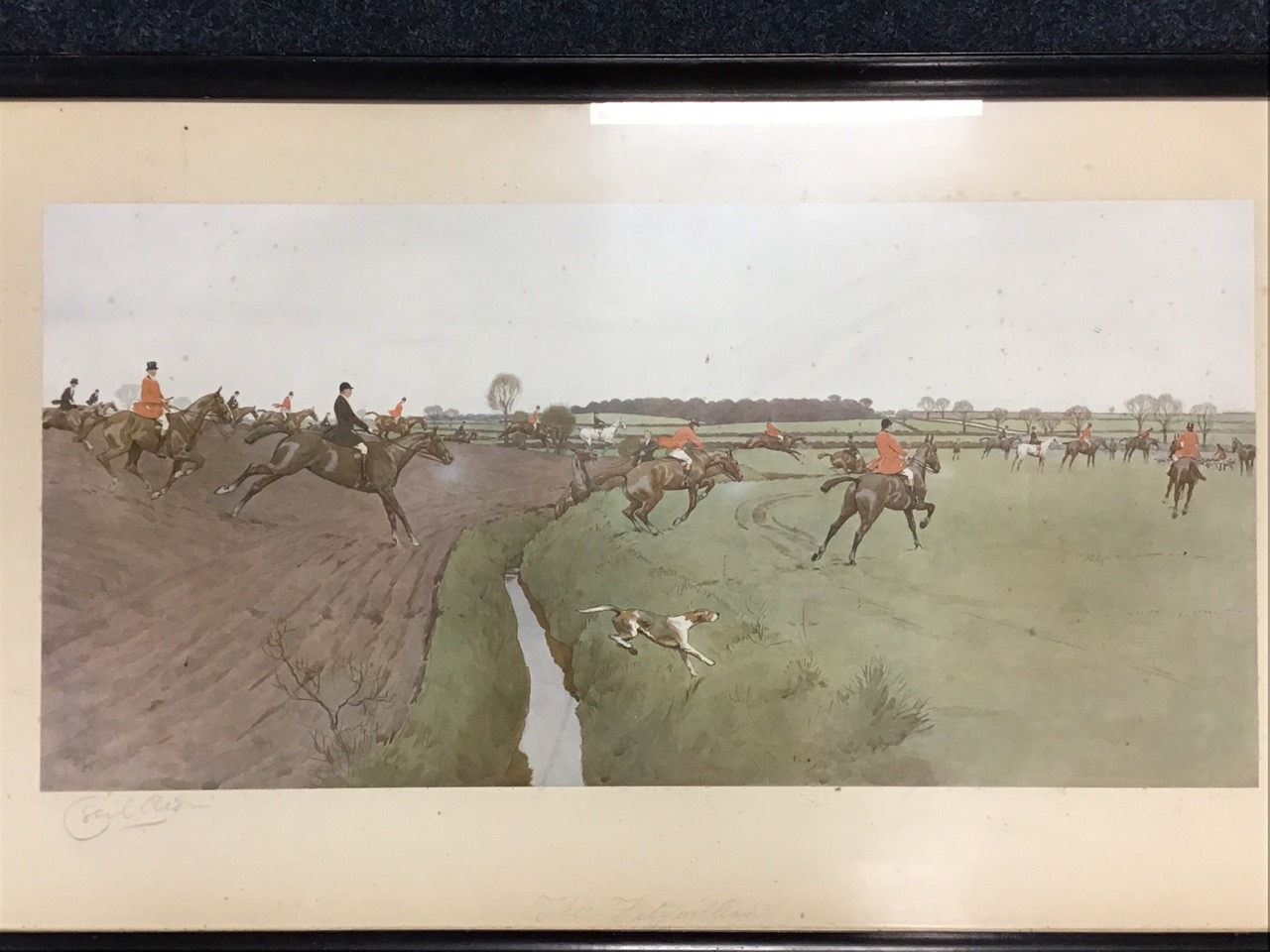 Cecil Aldin, coloured print, mounted huntsman in chase across open fields, titled The Fitzwilliam, - Image 3 of 3