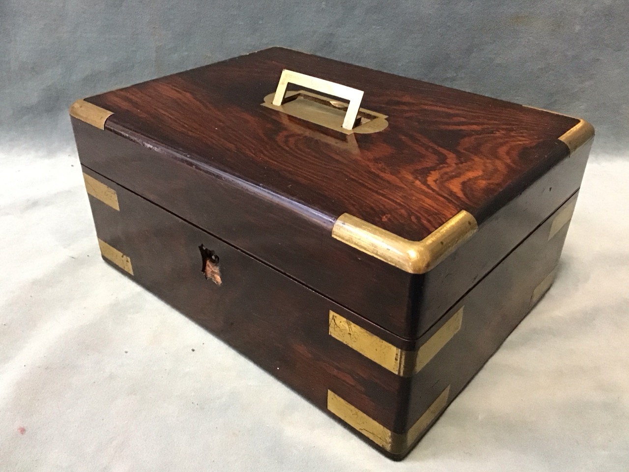 A Victorian brass bound rosewood correspondence box with campaign style recessed brass handle to - Image 2 of 3