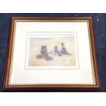 Edward Van Goethem, watercolour, children seated on the beach, signed, mounted & framed. (7in x 5.