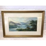 J Wallace, C19th watercolour, lake landscape with figures in foreground, signed, mounted & gilt
