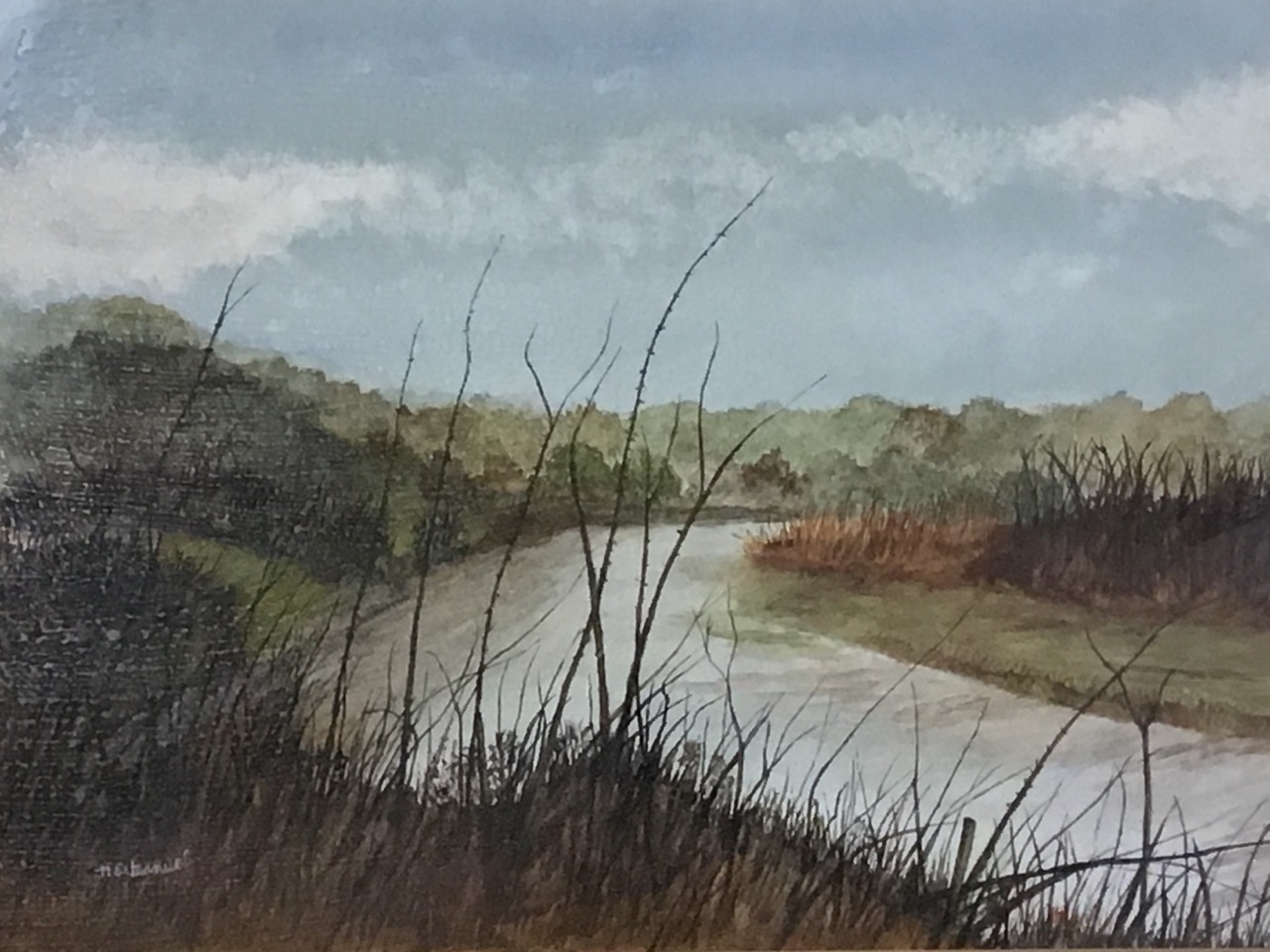 HD Manuel, watercolour, river in a wooded autumnal landscape, titled Backwater on verso, signed, - Image 2 of 3