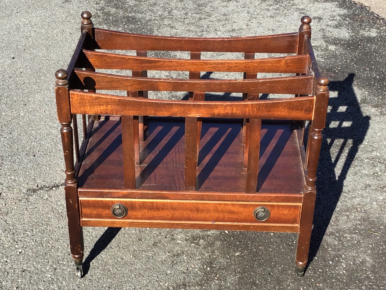 A Georgian style mahogany canterbury with three divisions framed by slats having turned - Image 2 of 3