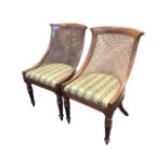 A pair of regency mahogany bergère Gillows style chairs with curved caned backs above upholstered