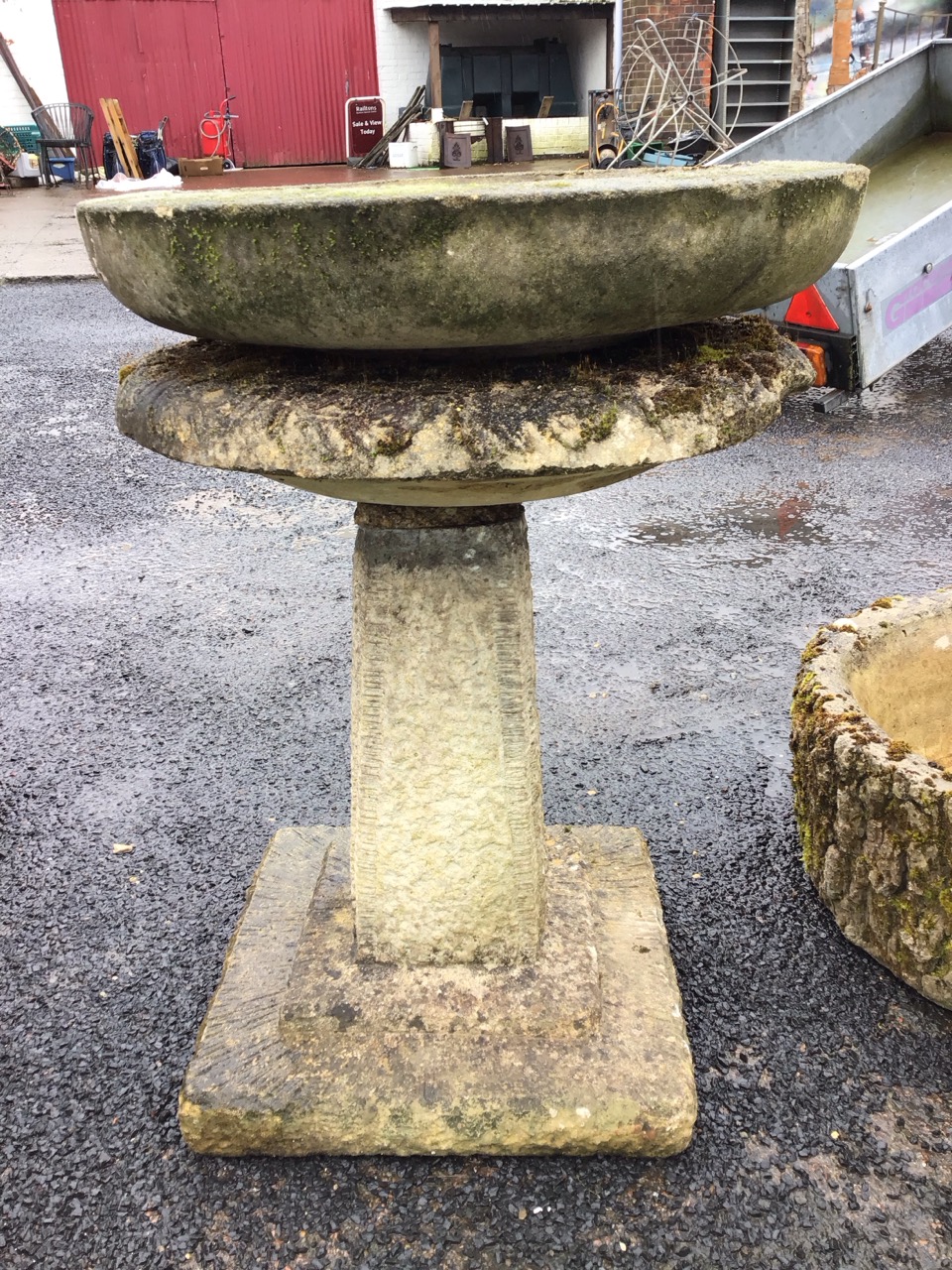 A composition stone birdbath with circular bowl on an associated panelled square tapering column - Image 3 of 3