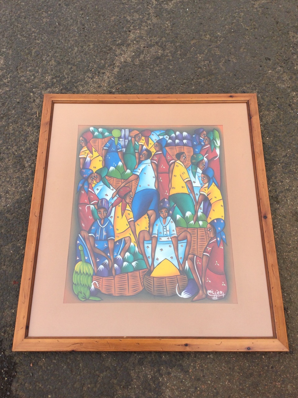 Haitian School, acrylic on canvas, figures in a colourful marketplace, signed Millien, mounted & - Image 2 of 3