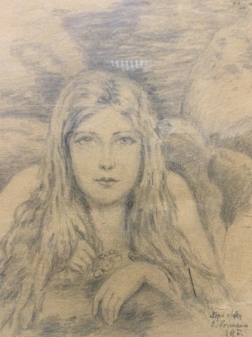 A European pencil study of a young lady, signed indistinctly and titled Den lille harpine? gilt