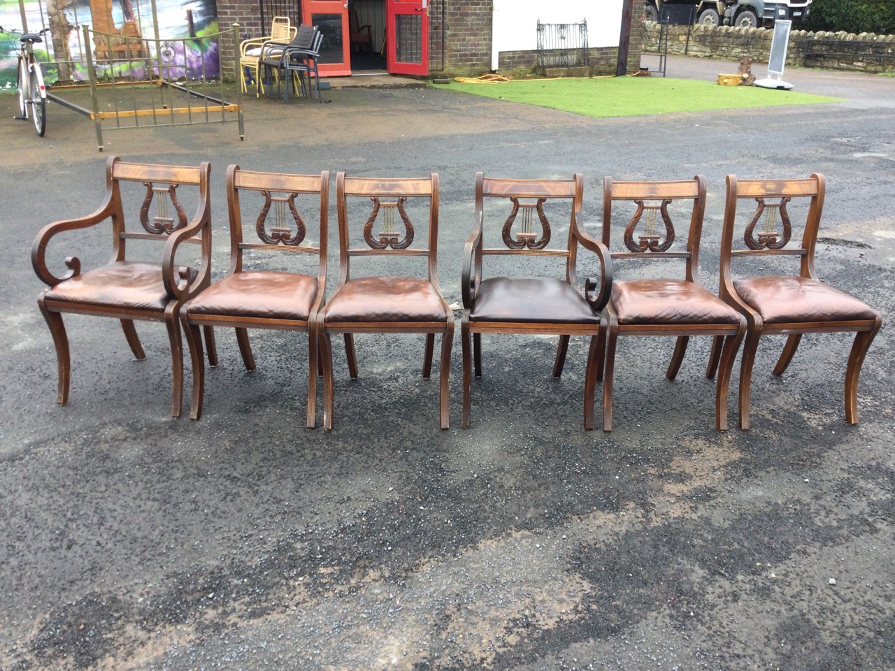 A set of six regency style mahogany dining chairs with lyre backs framed by reeded frames above - Image 2 of 3