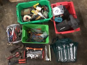 Miscellaneous tools - a Black & Decker router, a Linwood MP4 battery charger, spanners, pliers,