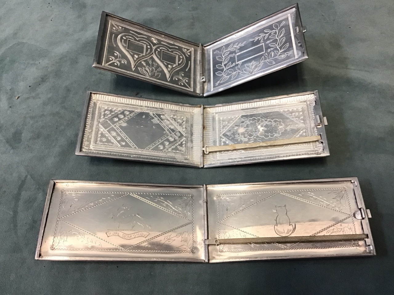 Three 40s Egyptian aluminium cigarette boxes, with pierced, painted and engraved decoration - one - Image 3 of 3