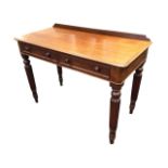 A Victorian mahogany side table, the low back above moulded top with two knobbed drawers, raised