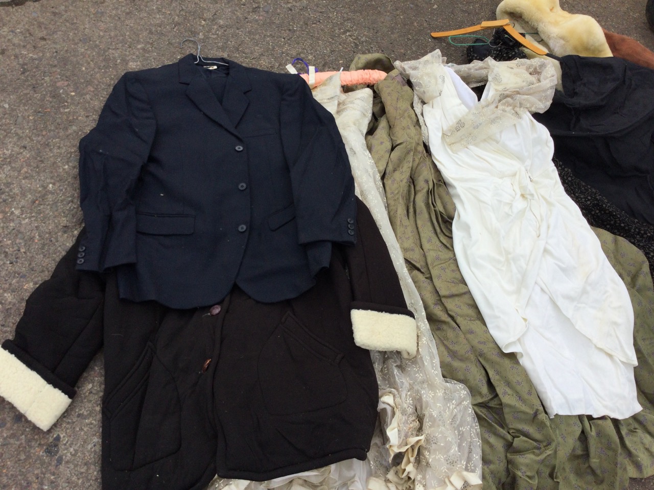 Miscellaneous vintage clothing including sheepskin coats, a wedding dress, Frank Usher, a gents - Image 2 of 3