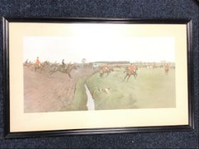 Cecil Aldin, coloured print, mounted huntsman in chase across open fields, titled The Fitzwilliam,