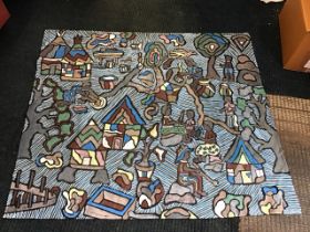 An African painted cotton wall hanging, depicting scenes of village life amongst trees and huts. (