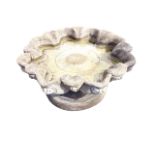 A circular composition stone garden birdbath, the scalloped bowl cast with scrolled shell medallions