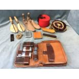 Gentlemans accessories - a leather toilet case with containers & pair of rosewood hairbrushes,