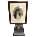 A Victorian oval chromolithograph of a young woman with curly hair, mounted & framed - 16.75in x