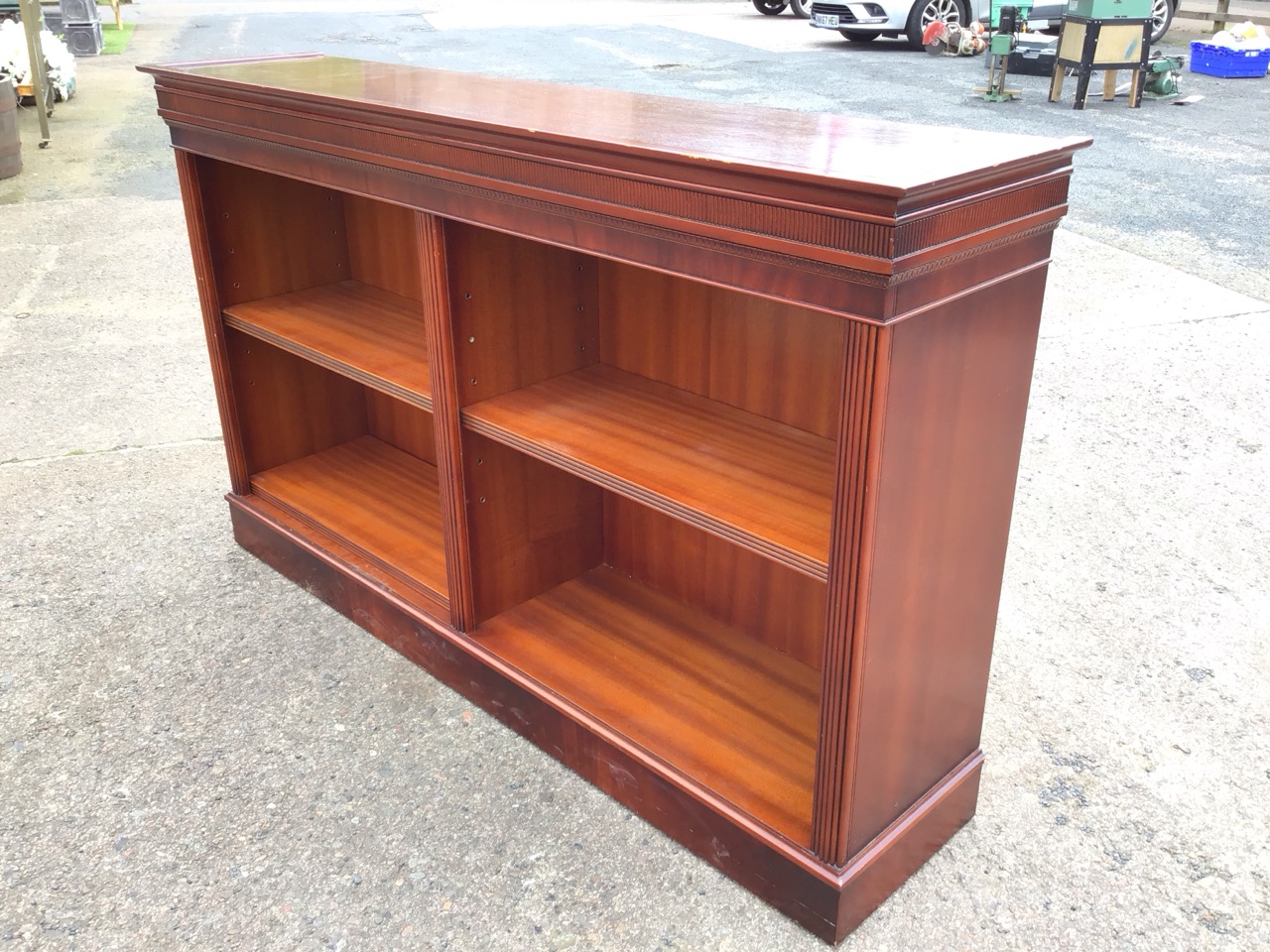 A Georgian style mahogany open bookcase with moulded ribbed cornice above two compartments with - Image 3 of 3