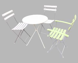 A circular contemporary folding painted metal garden table; a pair of folding slatted garden chairs;