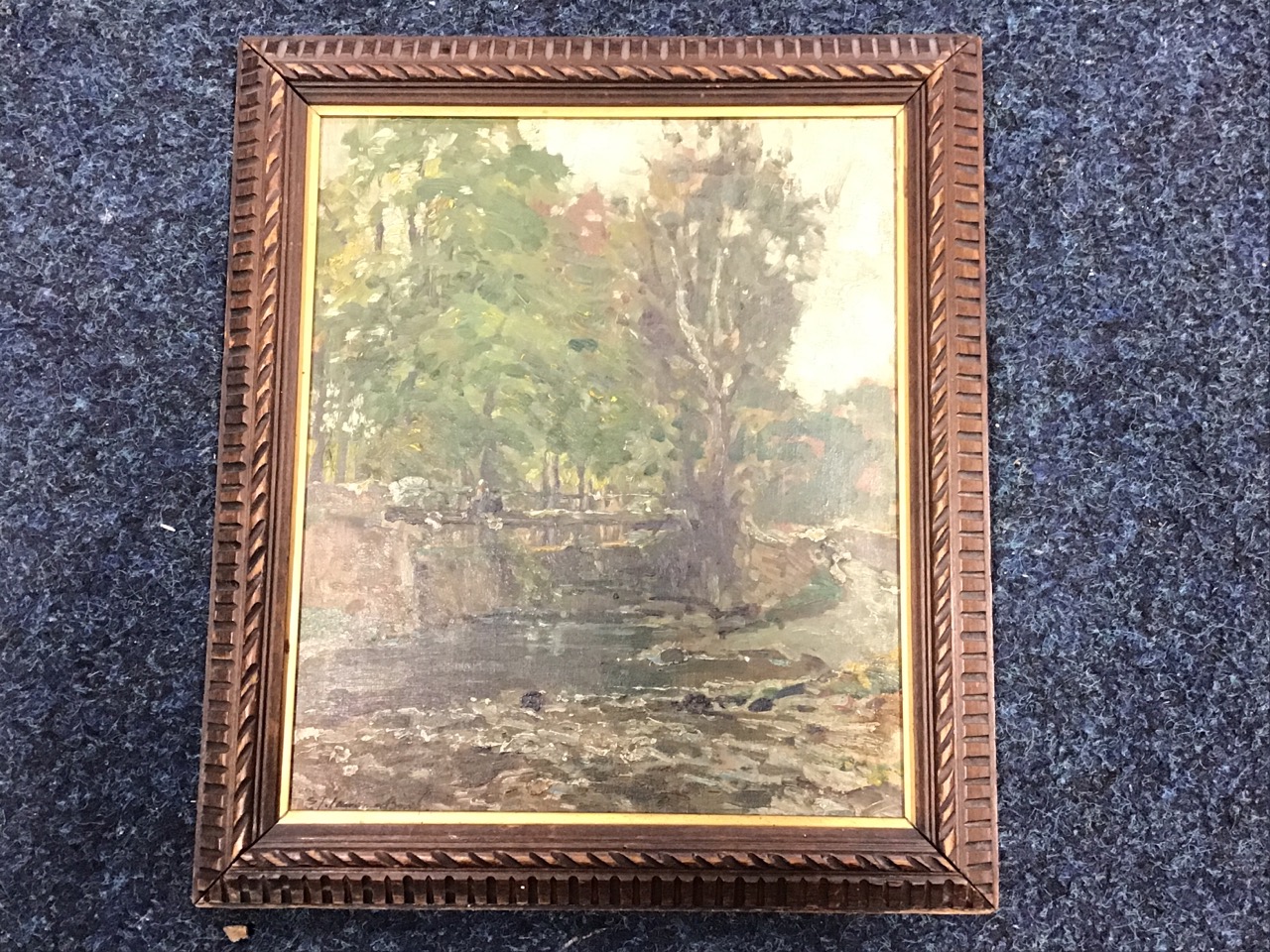 Samuel Lamorna Birch, oil on board, river landscape with figure on bridge, signed and in carved