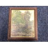 Samuel Lamorna Birch, oil on board, river landscape with figure on bridge, signed and in carved