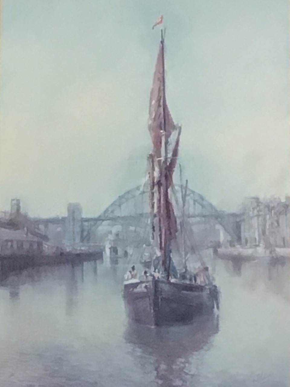 Walter Holmes, coloured print, river scene with the Tyne Bridge, titled Sailing Barge, signed, - Image 3 of 3