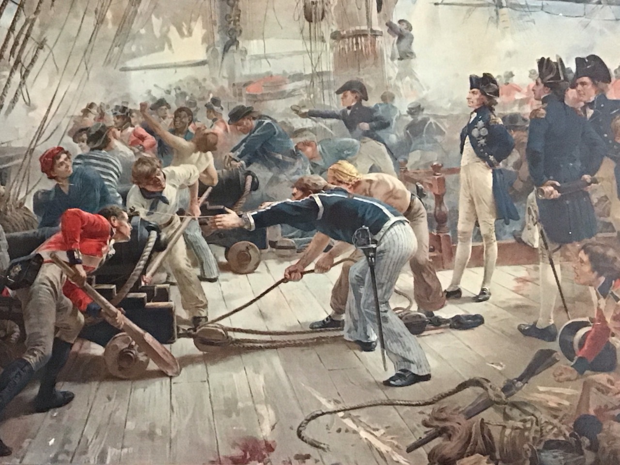A Victorian chromolithograph after WH Overend, depicting Lord Nelson on deck in battle surrounded by - Image 2 of 3