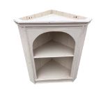 A painted pine corner cabinet with moulded cornice above an arched aperture framing two shelves