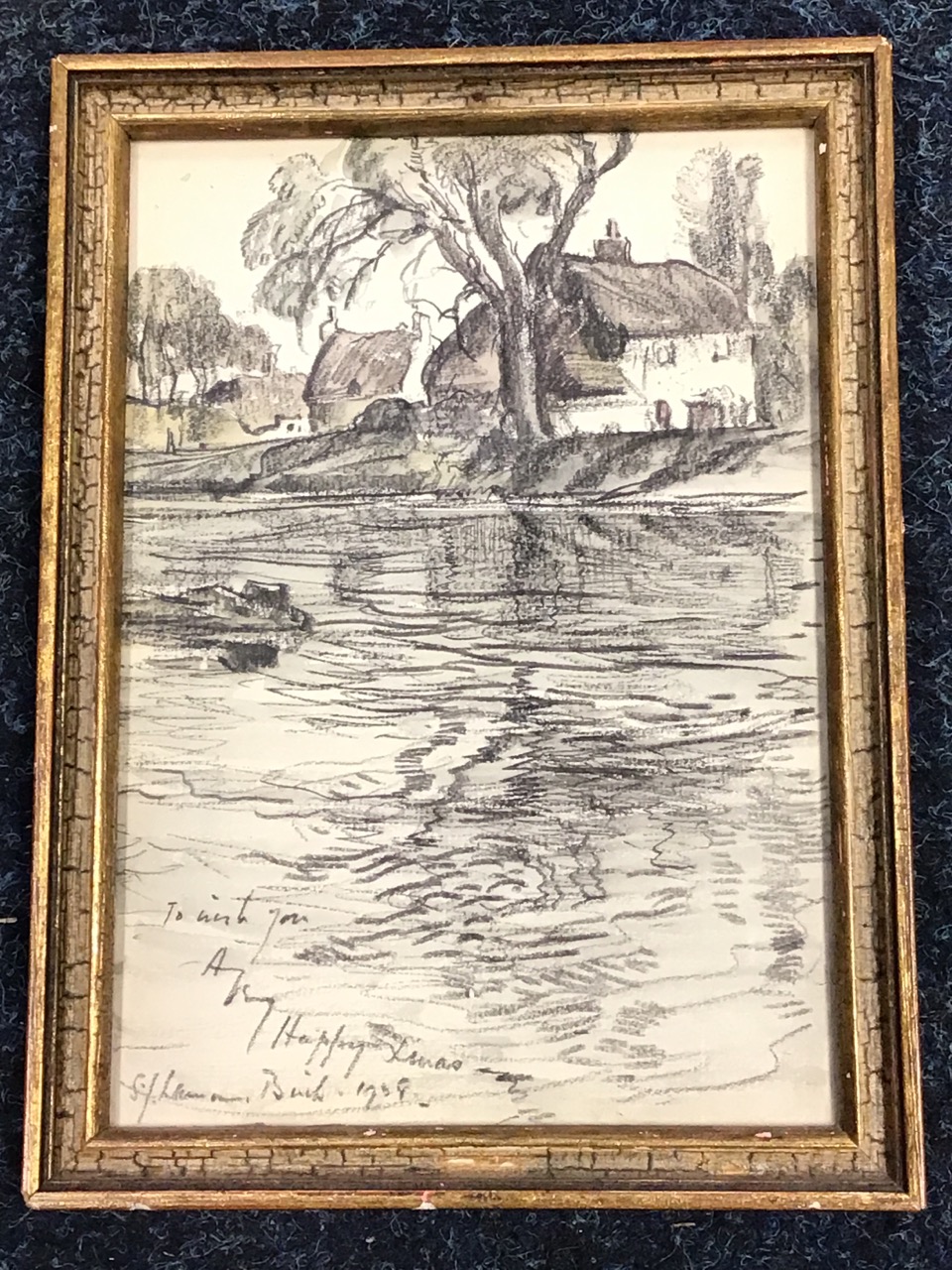 Samuel Lamorna Birch, pencil, river landscape with cottages & trees, a Christmas card sketch