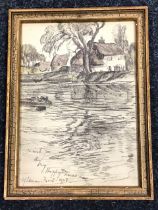 Samuel Lamorna Birch, pencil, river landscape with cottages & trees, a Christmas card sketch