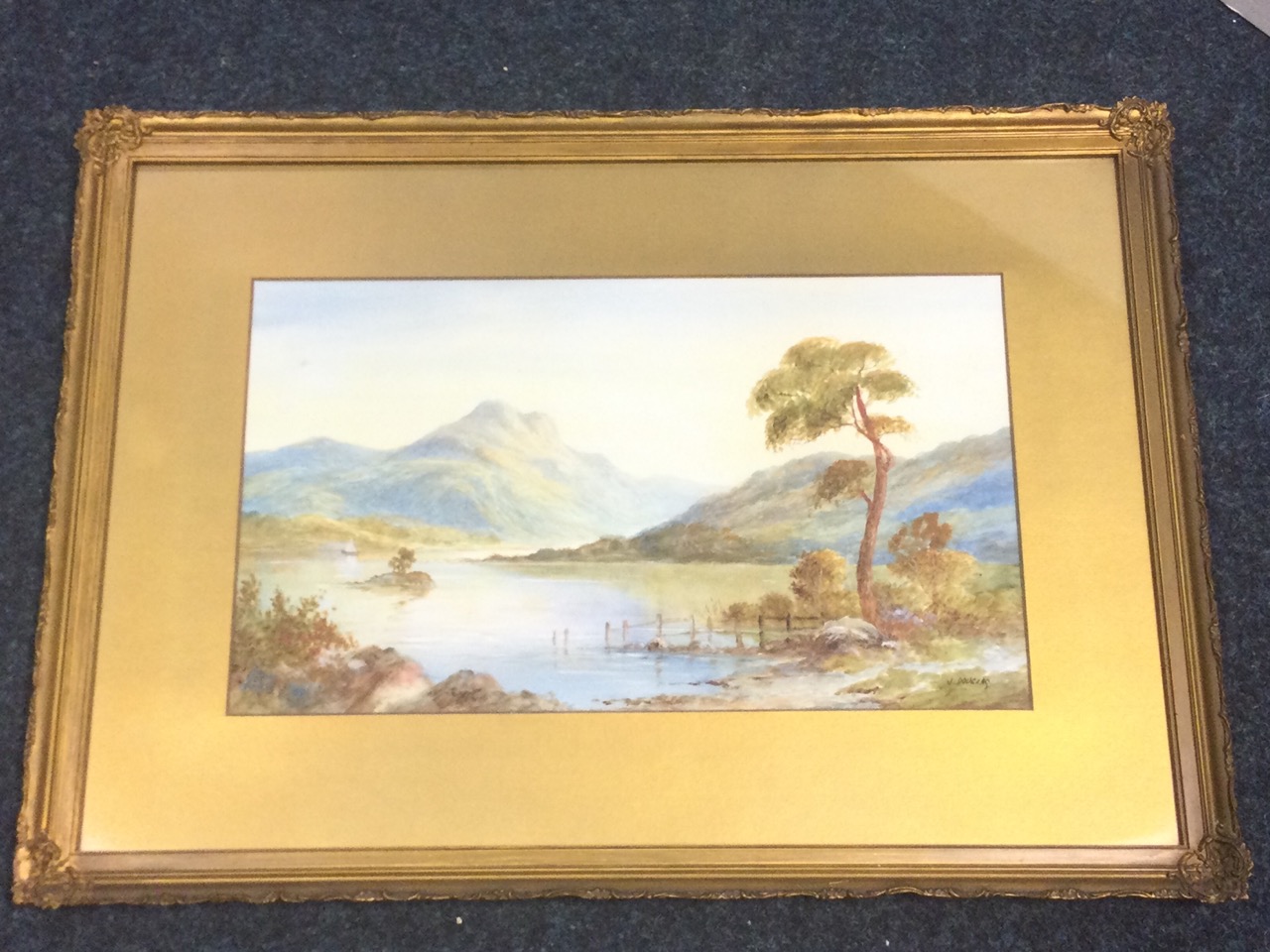 J Douglas, watercolour, loch landscape with sailing boat and tree to foreground, signed,