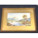 J Douglas, watercolour, loch landscape with sailing boat and tree to foreground, signed,