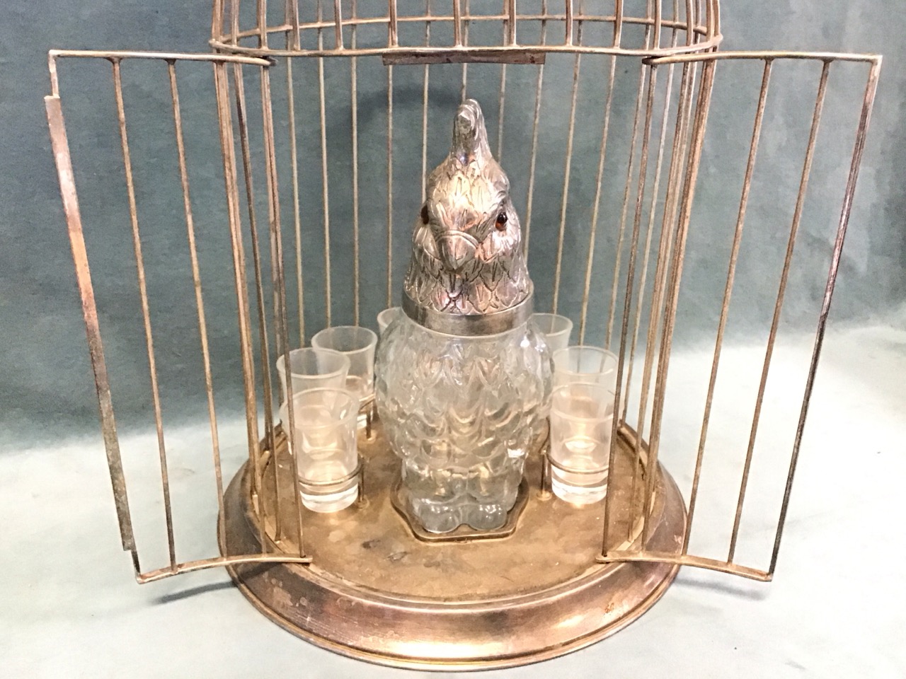 A 30s novelty cocktail set in the form of a circular domed birdcage with a mould-blown glass - Image 2 of 3