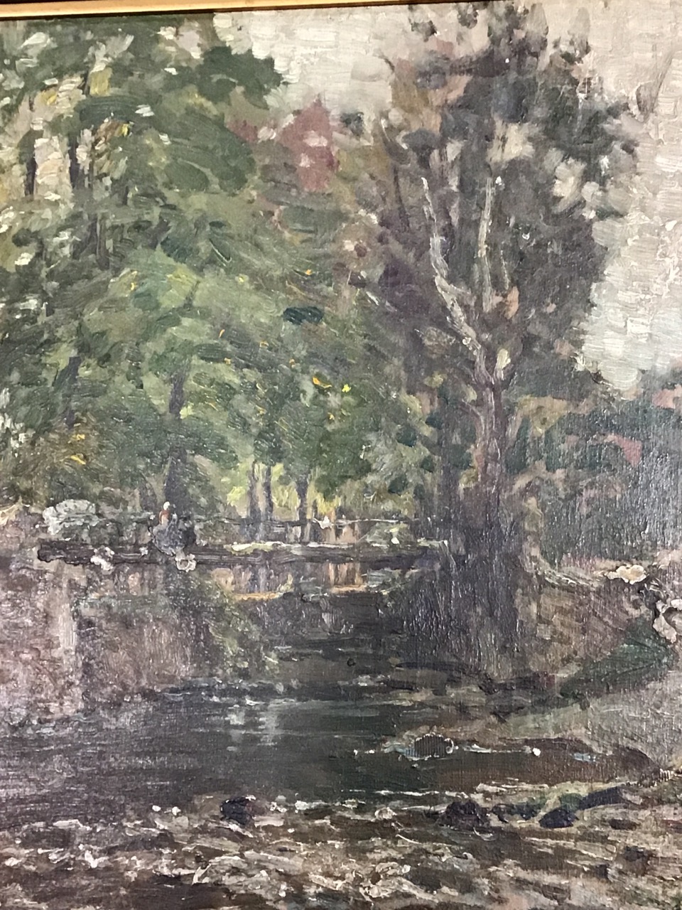 Samuel Lamorna Birch, oil on board, river landscape with figure on bridge, signed and in carved - Image 3 of 3