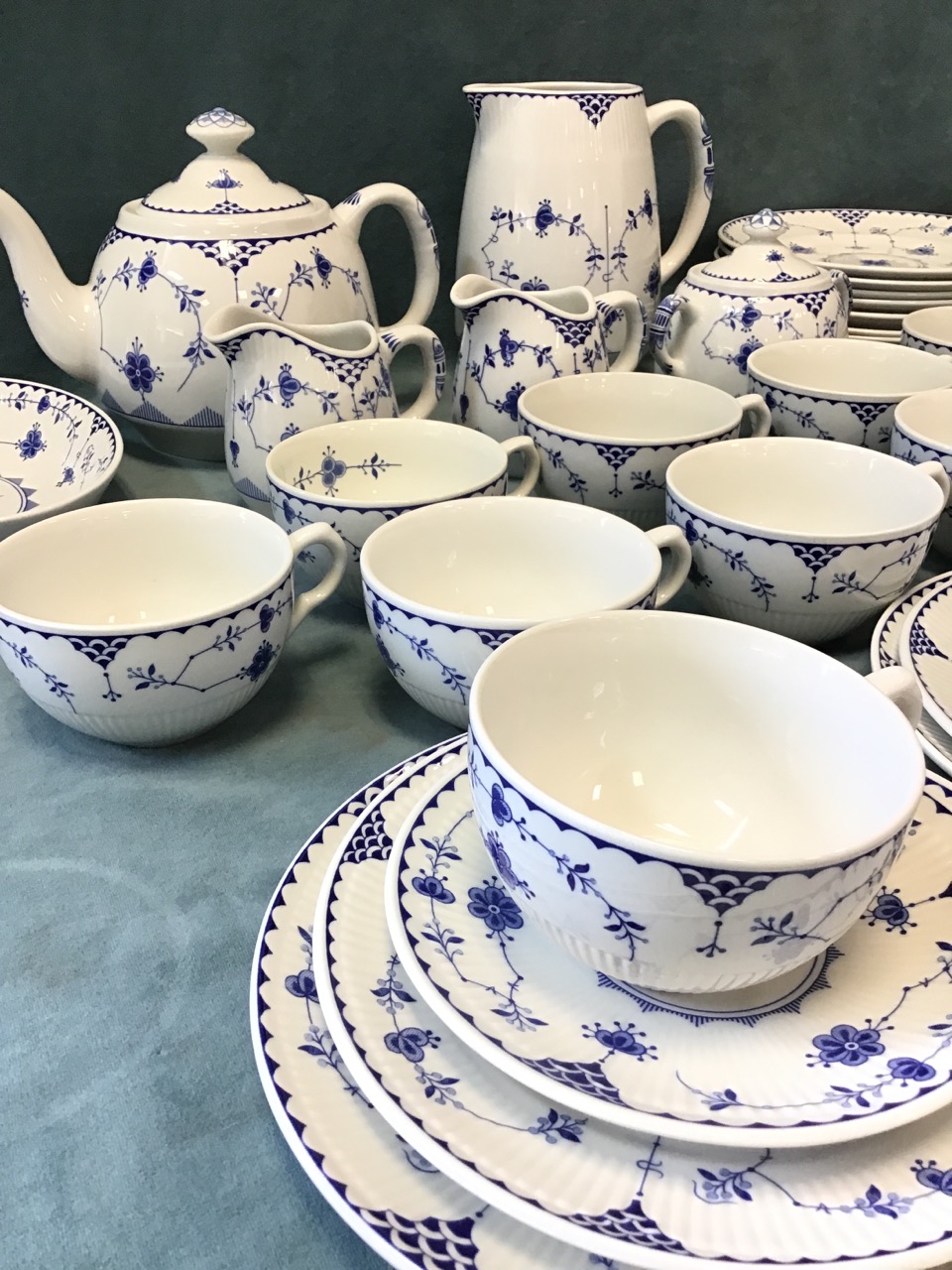 A Johnson Brothers dinner service in the Denmark Blue pattern with cups, saucers, plates, teapot, - Image 2 of 3