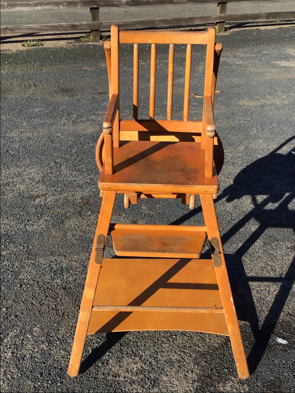 A 60s beech childs metamorphic high chair with rectangular slatted back above a solid seat flanked - Image 3 of 3