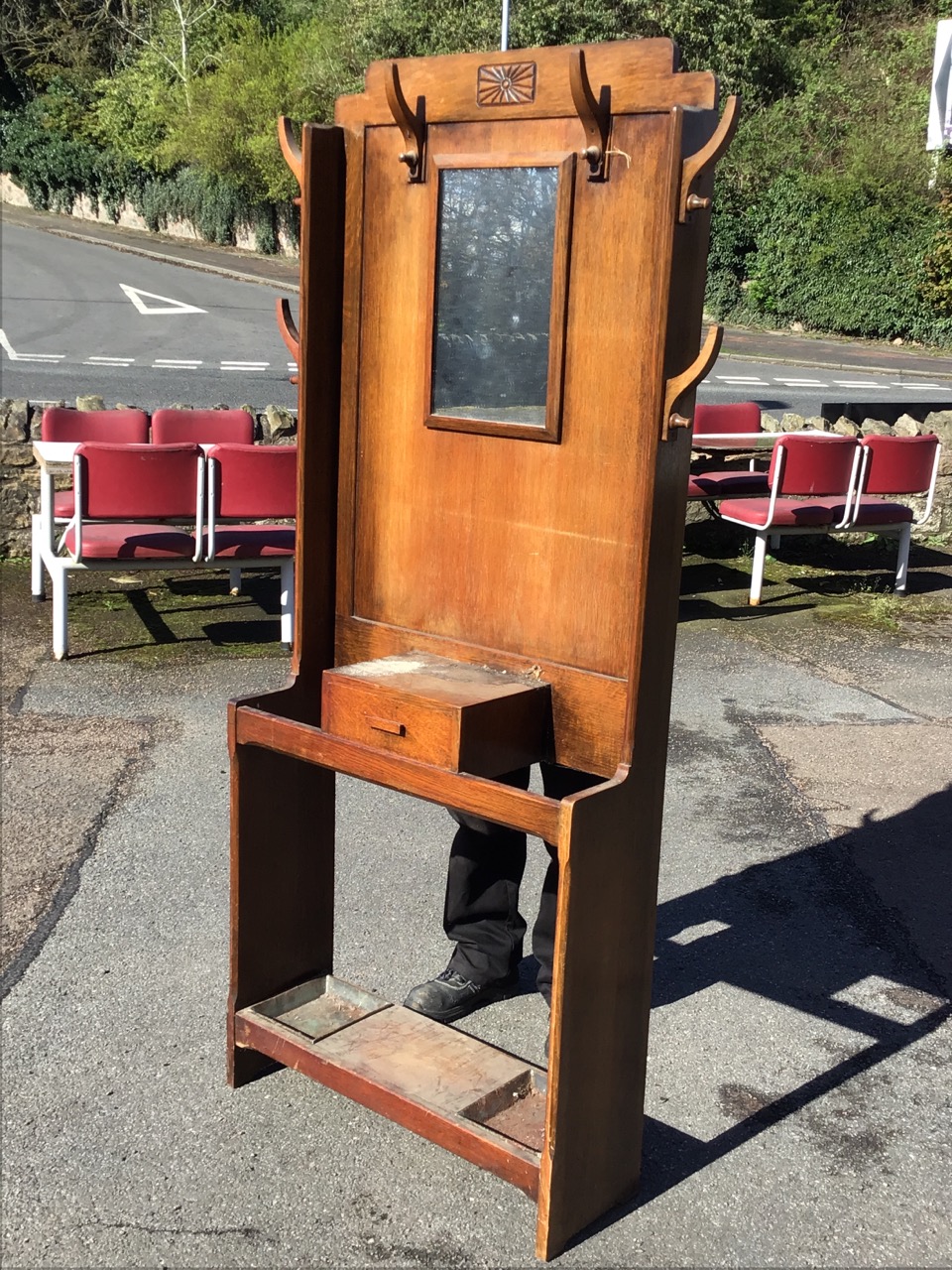 A 30s deco hallstand with stepped sunburst plaque crestrail above a rectangular mirror flanked by - Image 3 of 3
