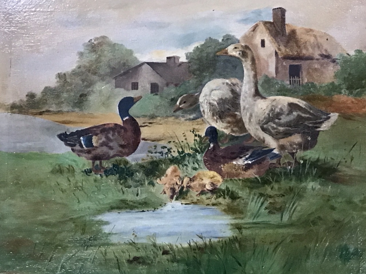 Victorian oil on canvas, geese, ducks and ducklings by a pond with farm buildings, unsigned, in a - Image 2 of 3